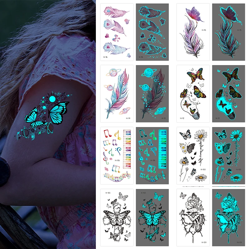 Blue Luminous Butterfly Tattoo Stickers Women Arm Face Glowing Tattoos Body Art Tattoos Butterfly Electric Syllable Party Tattoo