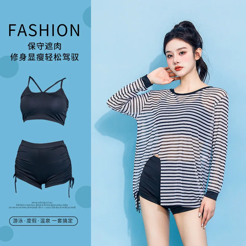 

Korean Split Swimsuit Sexy Black High Waist Bikini Set with Beachwear Long-sleeved Stripe Mesh Cover Up Bathing Suit for Women