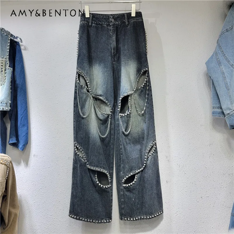 Handsome Exquisite Hollow-out Chain Decoration Casual Jeans Women's High Waist Loose And Slimming All-Matching Wide Leg Trousers women s micro flared denim pants trend raw hem decoration tassel jeans female fashion new casual stretch commuter blue trousers