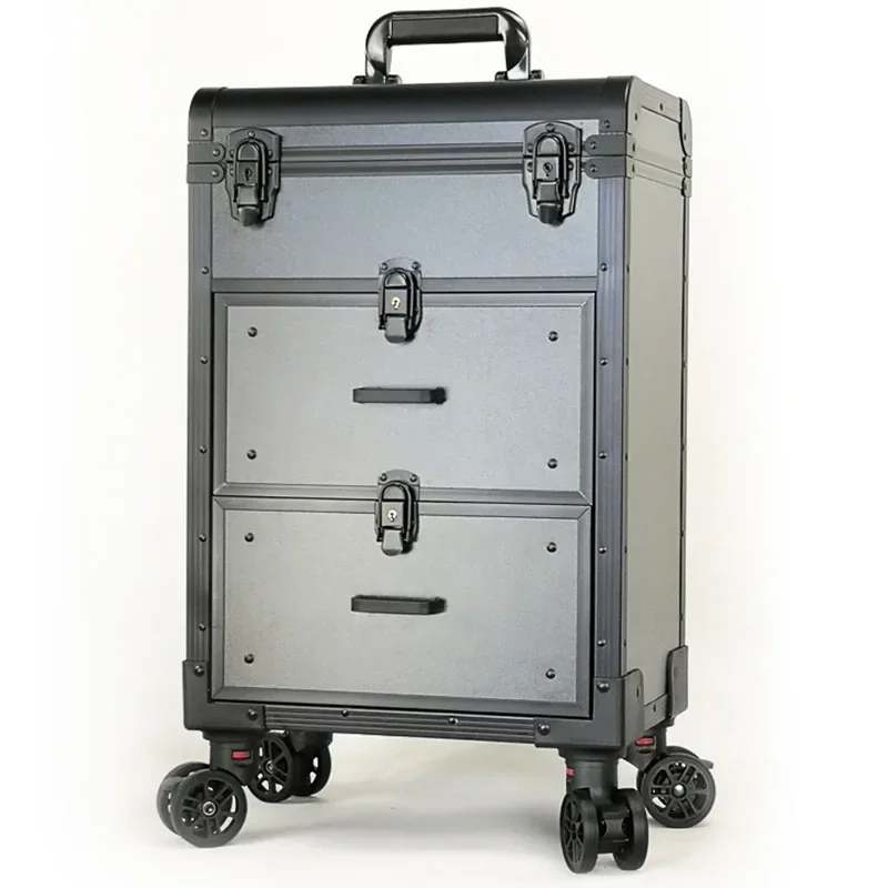 Professional 220V Aluminum Alloy Makeup Box Trolley with Large-Capacity Lock for