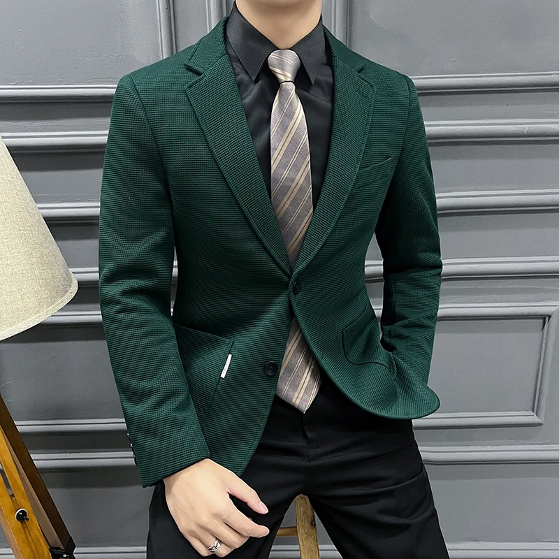 2024 High quality fashion handsome spring and autumn hot sell Waffle suit men's senior sense plaid suit green coat 3