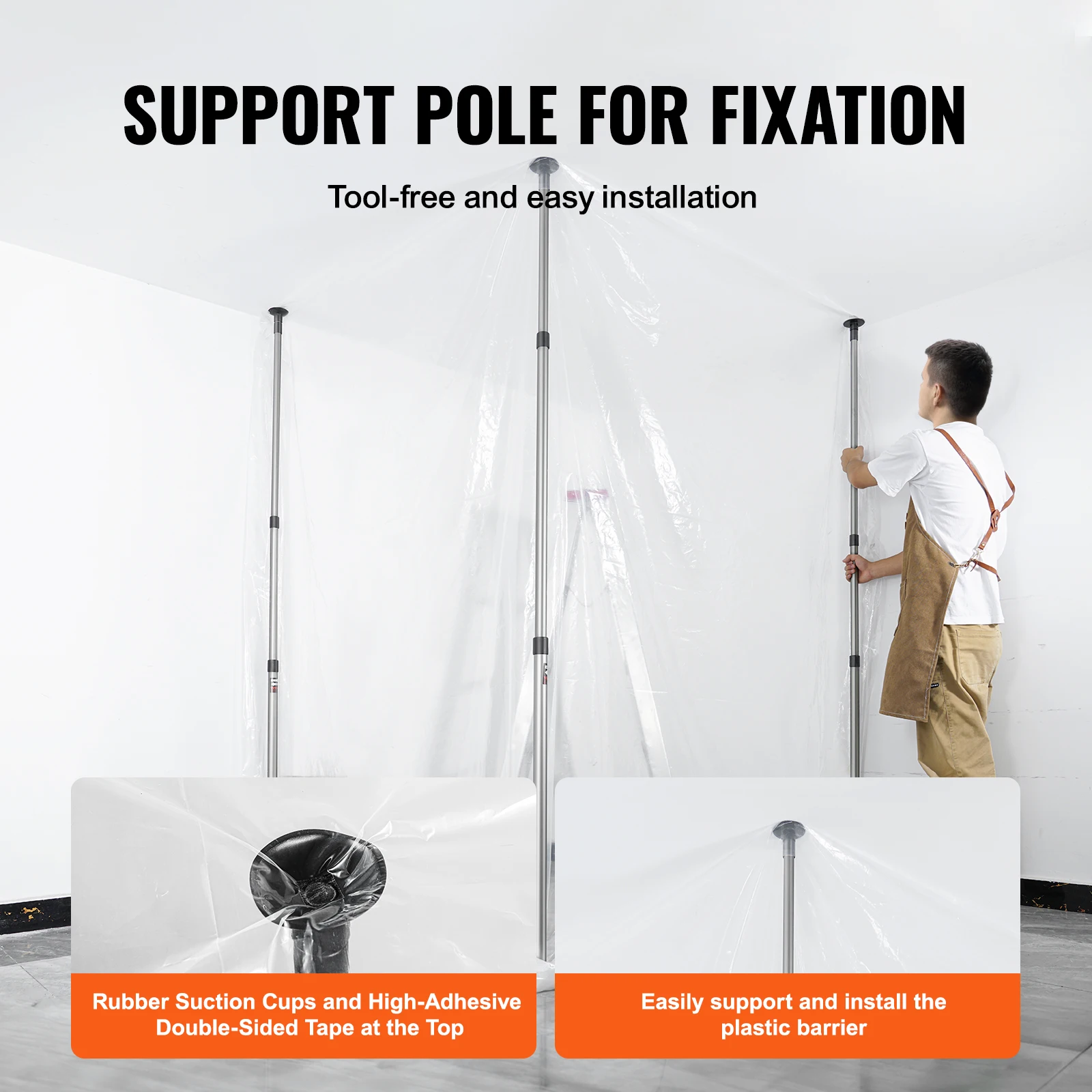 VEVOR Dust Barrier Poles Dust Barrier System w/ 4 Telescoping Poles Plastic Film Carry Bag for Interior Decoration Paint Project