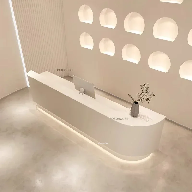 Nordic Curved Paint Reception Desks Company Bar Front Desk Wooden Cashier Modern Office Furniture Beauty Salon Reception Counter