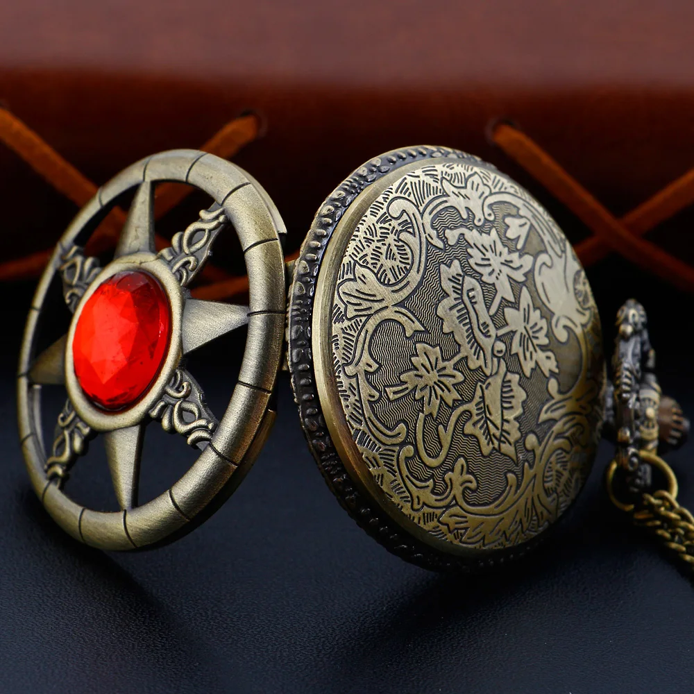 Magic Ruby Pentagram Quartz Pocket Watch Vintage Gentleman Style Series Necklace Pendant Clock Commemorative Gift
