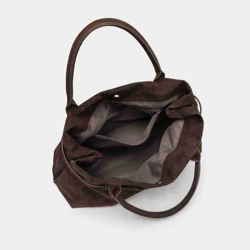 Vintage Suede Handbag Brown Matte Finish Classic Tote with Lock Design Large Capacity Commuter Bag for Women