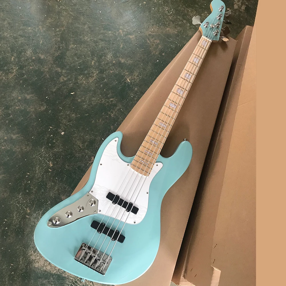 

Left Hand 5 Strings Blue Electric Bass Guitar with White Pickguard Maple Fingerboard Customizable