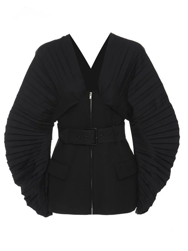

Women Black Pleated Belt Temperament Blazer New V-collarLong Sleeve Loose Fit Jacket Fashion Spring Autumn O183