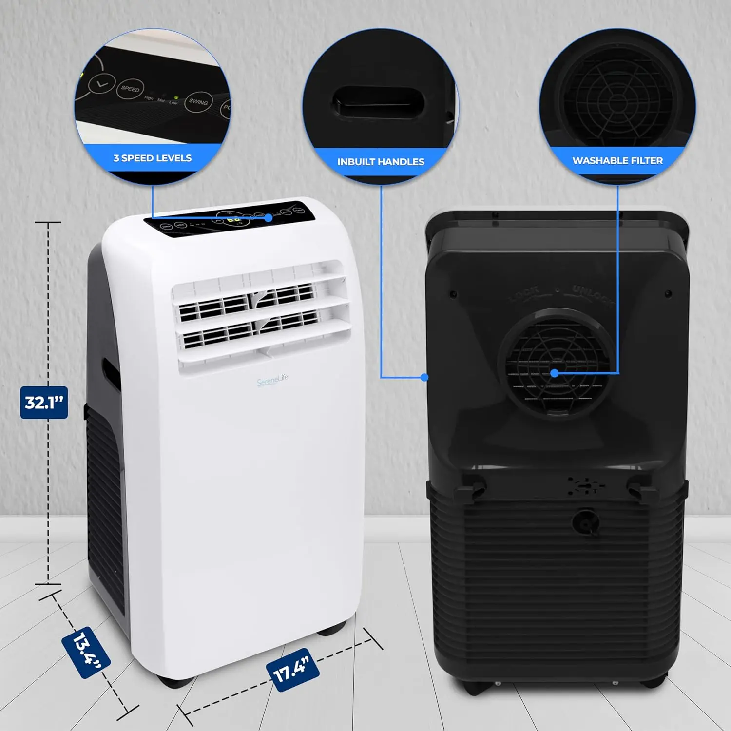 Air Conditioner Portable 10,000BTU with Built-in Dehumidifier+Heat-Portable AC unit for rooms up to 450 sq ft-Remote Control