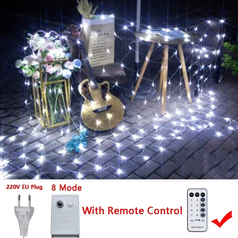 thumbnail image 1 of Guirnalda de luces LED de malla navideña de 3 m, 6 m, 12 m y 18 m, cortina de hadas para exteriores, resistente al agua, para fiestas, jardines, decoración de bodas, 1 of 5