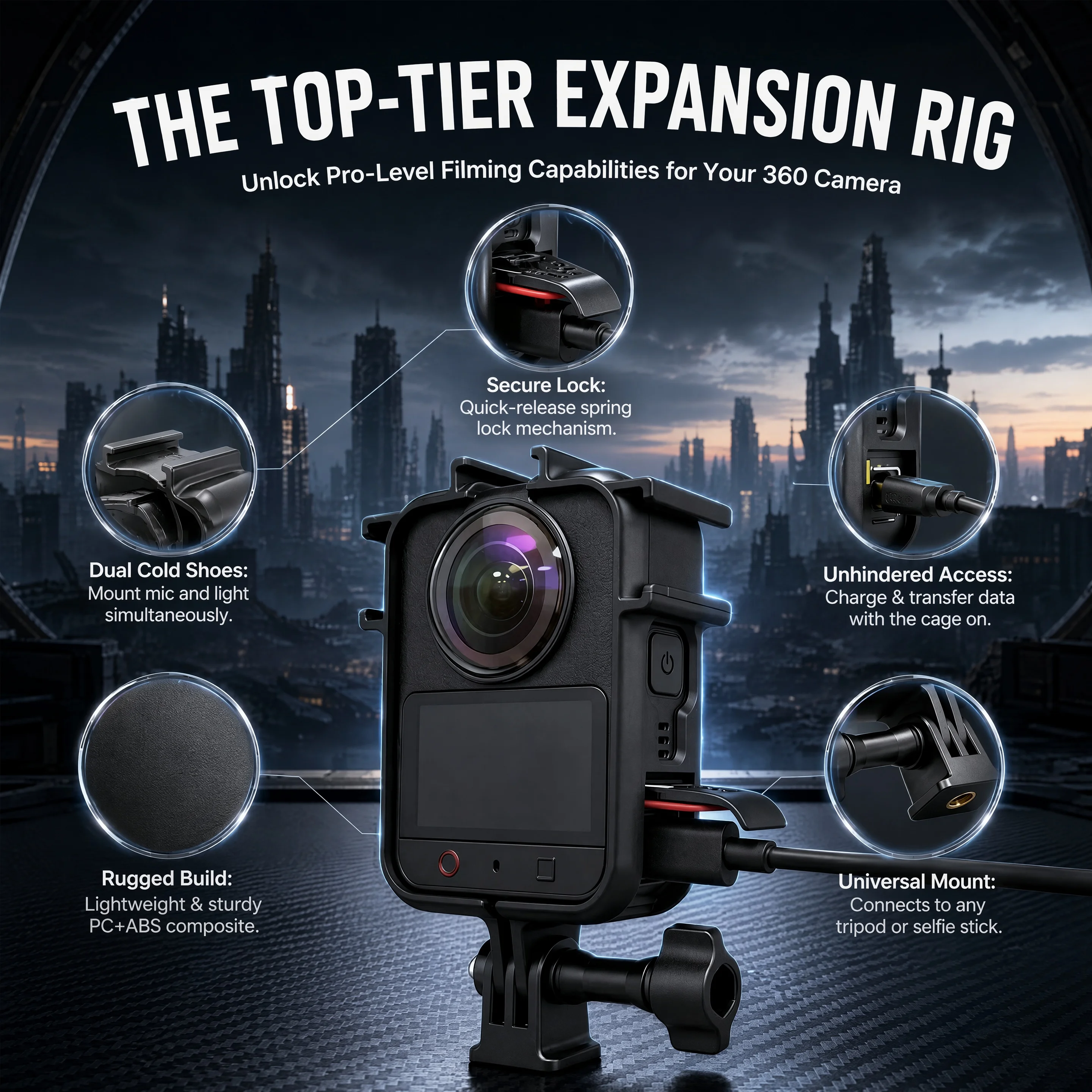 Universal Frame Cage with Cold Shoe Mount for 360 Camera Accessories