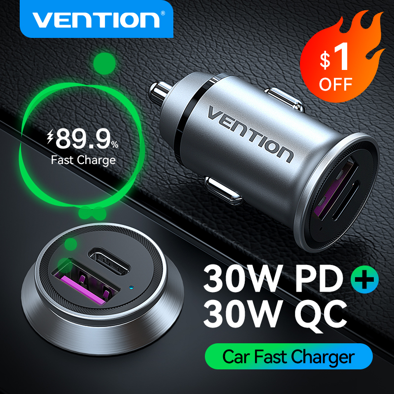 Vention 30W Car Charger USB Type C Car Charging Fast Quick Charge PD3.0 QC4.0 QC3.0 SCP FCP AFC for Xiaomi Huawei iPhone