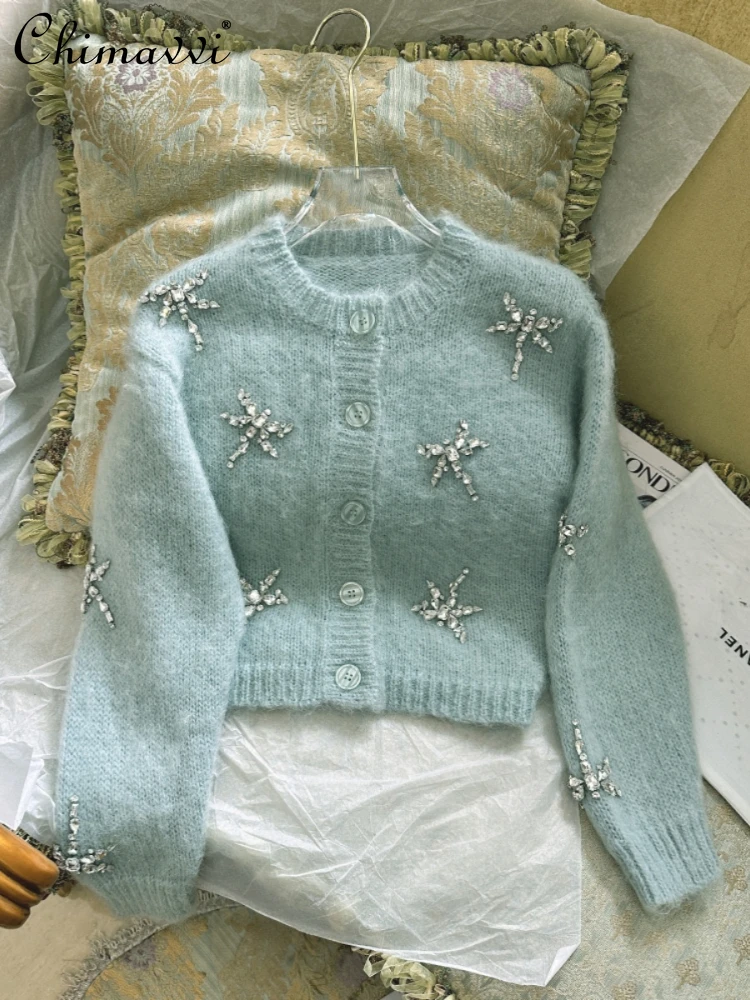 

2023 Autumn and Winter Rhinestone Mohair Knited Cardigan Women Short Sweater Diamond Inlaid Round Neck Sweater Coat