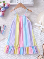Girls’ Summer Colorful Striped Ruffle Hem Dress Children’s Summer Vacation Beach Play Suspender Dress