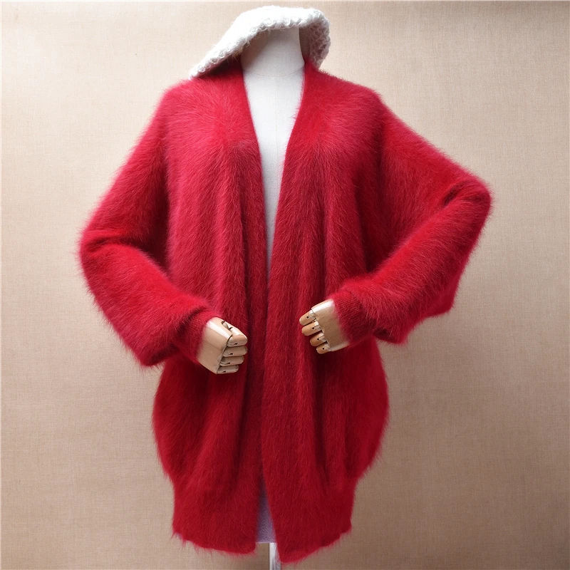 

Ladies Women Fall Winter Clothing Red Hairy Mink Cashmere Knitted Long Batwing Sleeves Loose Cardigans Mantle Jacket Sweater Top