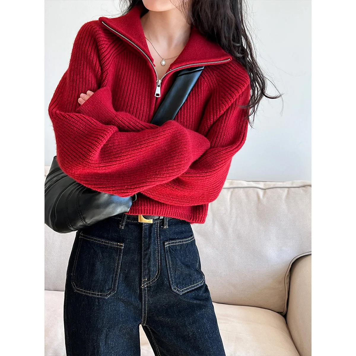 

Women's Half Zipper Knitted Crop Sweater Cool Bat Sleeves High Waist Sweater