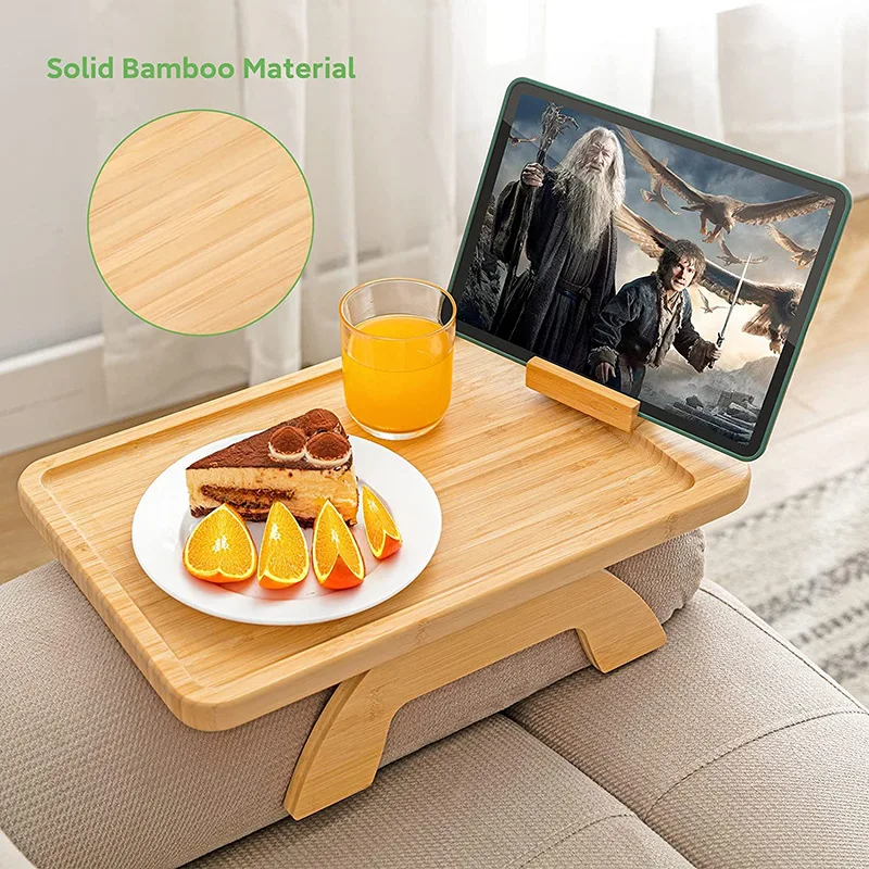 Foldable Sofa Tray Table Armrest Clip-On Holder Natural Bamboo Snack Food Tray For Cellphone Rack Remote Control Mug Cup Plate