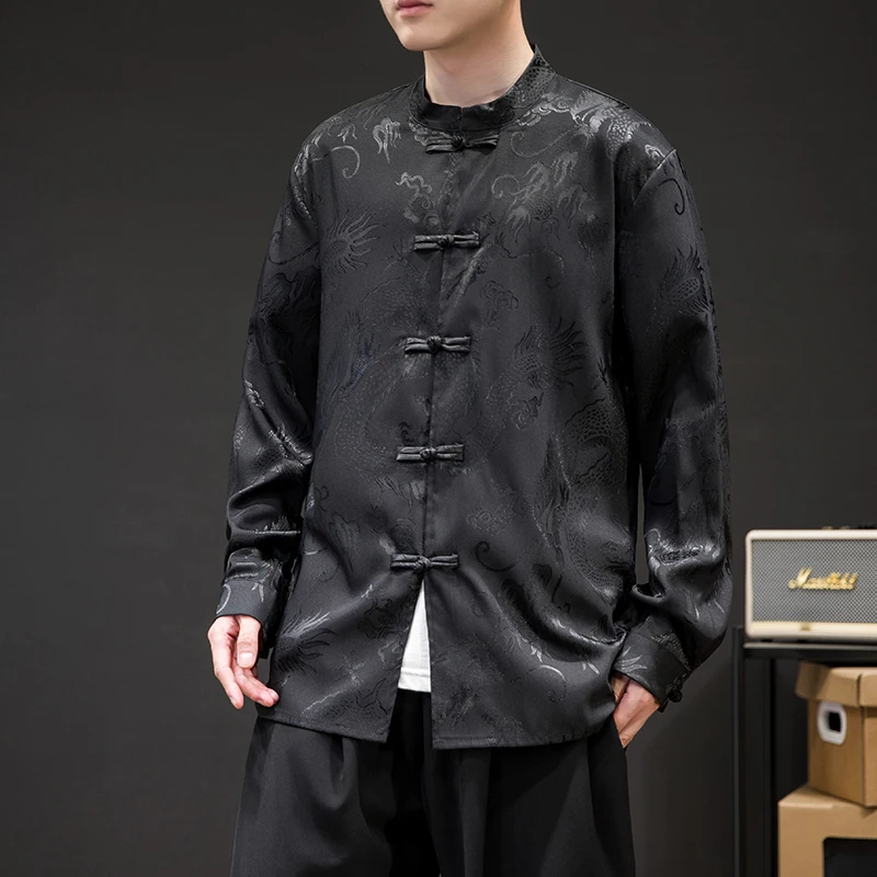 Long Sleeve Shirt Men Casual Shirt Silk Shirt Spring Summer Men's Chinese Shirt Satin Silk Vintage Coat Hanfu Tops Ethnic Style Clothing Tang Collar Shirt
