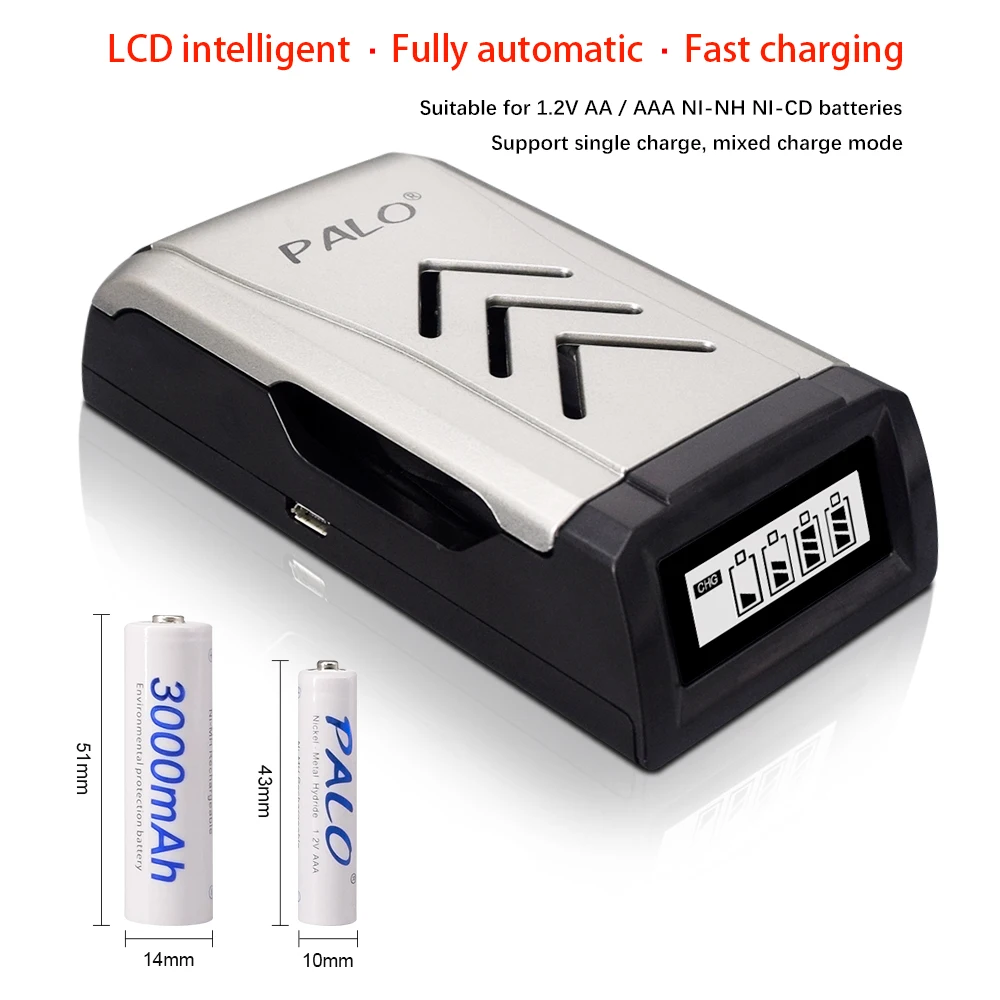 100% Original AA Rechargeable Batteries 3000mAh 1.2V Ni-MH AA Pre-Charged Rechargeble Battery LR6 Battery and LCD Smart Charger