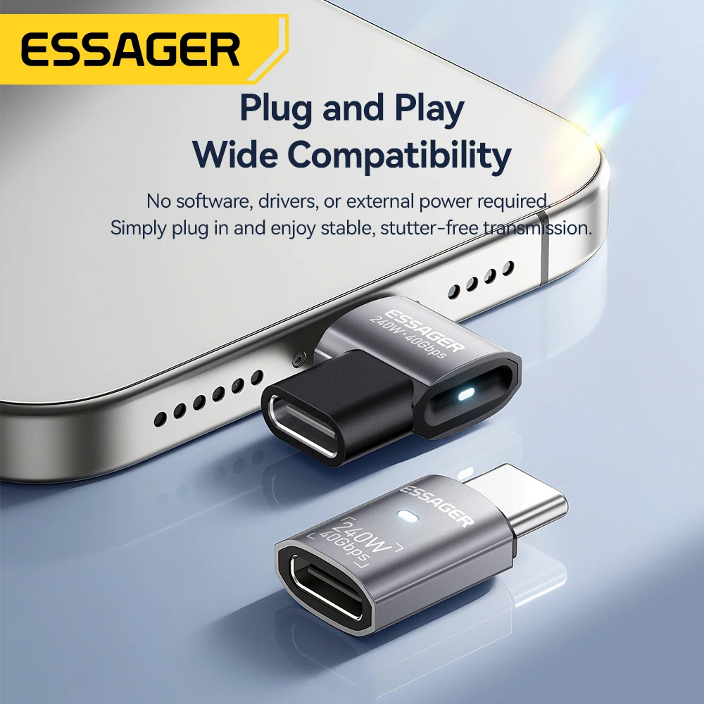 Essager USB4.0 40Gbps OTG Adapter 240W Fast Charging Converter 90 Degree USB Type C Data Adapter For Phone Macbook Laptop 8K60Hz