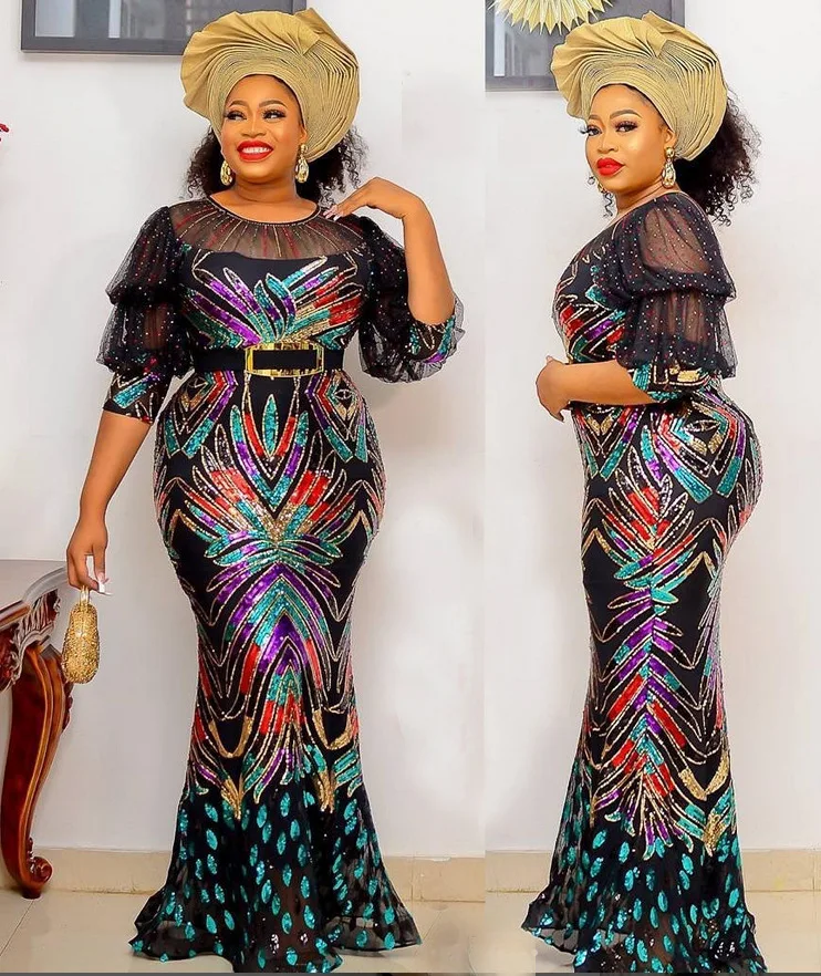 

African Dresses for Women 2022 Color Sequin Diamond Luxury Long Maxi Dress Summer African Clothes Robe African Clothing