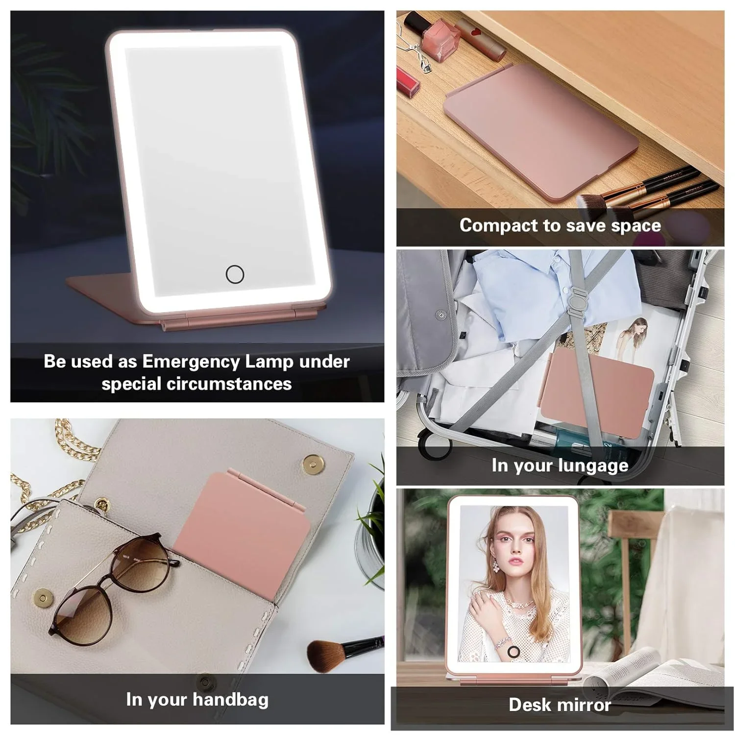 LED Foldable Travel Makeup Mirror 3 Colors Light Modes USB Rechargeable Touch Screen Portable Tabletop Cosmetic Mirror Handheld 4