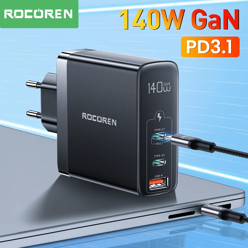 Rocoren 140w Gan Usb Type C Charger Pd 3.1 Quick Charge Qc 4.0 3.0 Fast