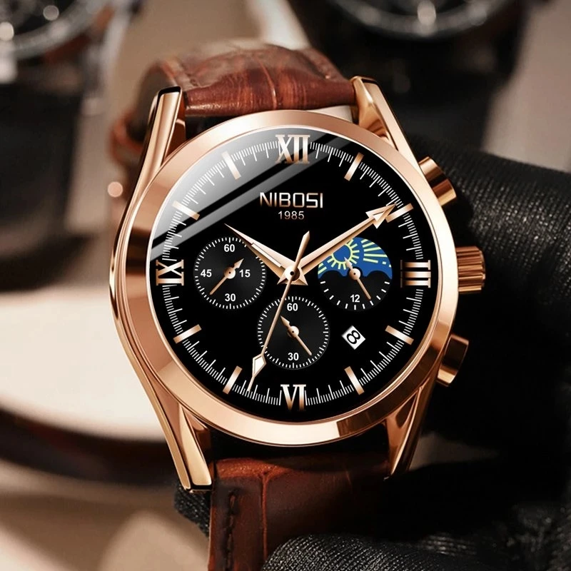 NIBOSI Fashion Moon Phase Quartz Watch for Men Luxury Leather Waterproof Calendar Chronograph Watches Mens Relogio Masculino