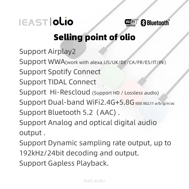 IEAST Olio WiFi 2.4G/5G& Bluetooth Receiver 5.0 Wireless Auido Multiroom Airplay 2 Music Streamer Tidal Connect