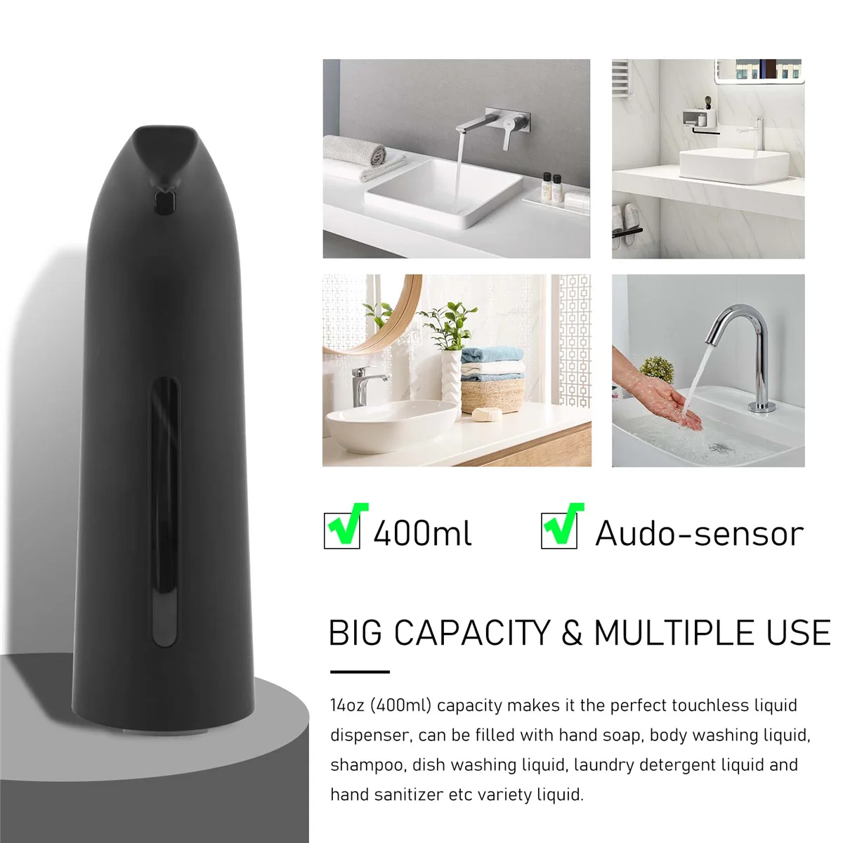 Black Automatic Soap Dispenser Touchless, Auto Liquid Soap Dispenser for Kitchen Bathroom 400Ml 6