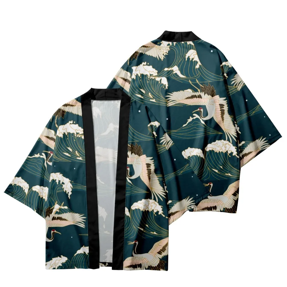 

Traditional Crane Floral Printed Haori Cardigan Cosplay Japanese Kimono Beach Shorts Summer Couple Men Women Yukata Shirt