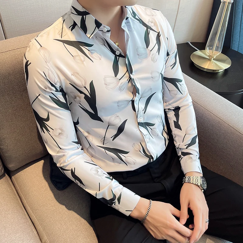 

2022 New High Quality Fashion Autumn Youth Shirt Long Sleeve Slim Fit Business Print Wrinkle Proof Casual Men Four Season Shirt
