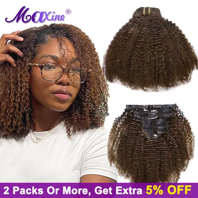 Chocolate Brown Afro Kinky Curly Clip In Hair Extensions Maxine Ombre Color Kinky Curly Clip Ins Bundles Human Hair Extensions