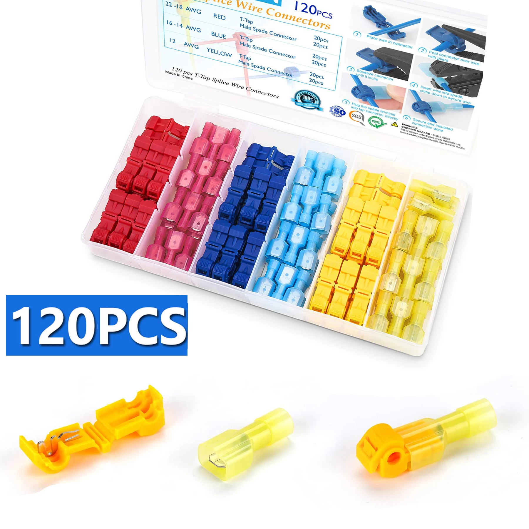 120 PCS Crimp Terminal Blocks Electrical Connector Connection Clamps T-Shaped Quick-Free Stripping Plugs Cable Connector Plug