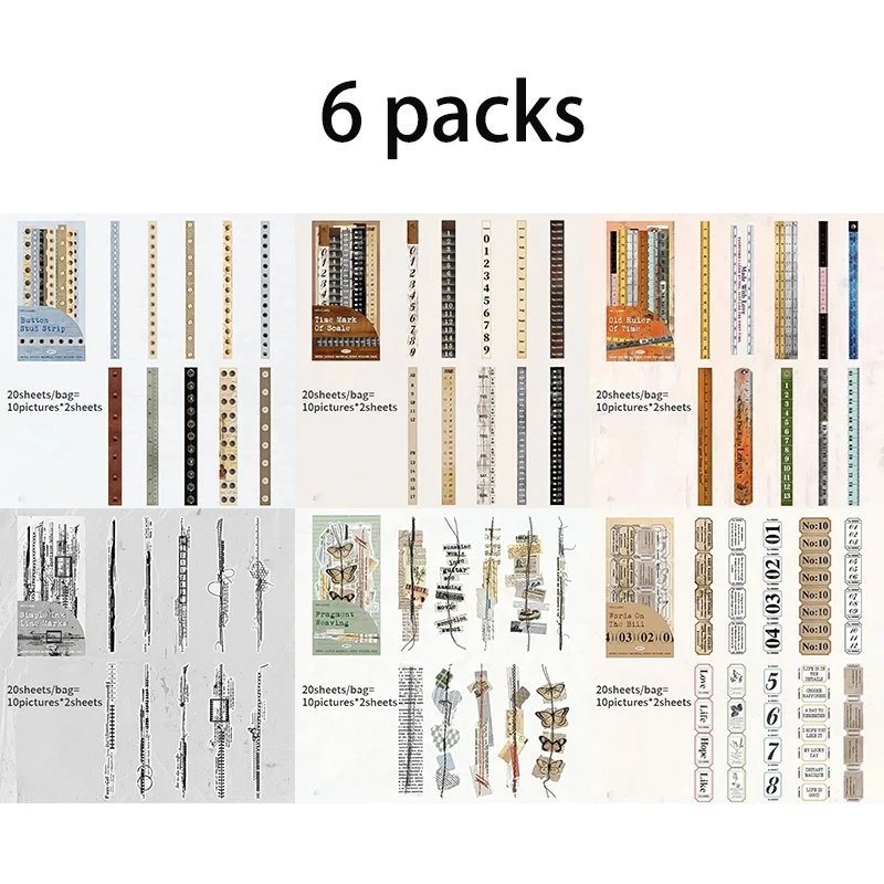 Mr.Paper 20Pcs 더블 팩 롱 스트립 스티커 타임 스티치 시리즈 레트로 저널 스크랩북 콜라주 장식 공예 용품