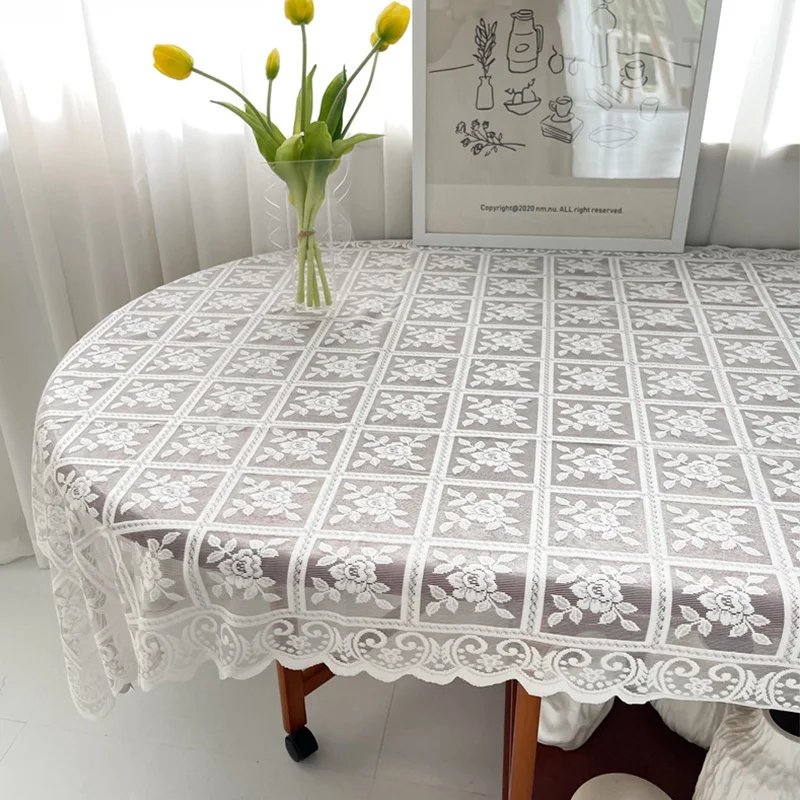 Dining Table Cloth Wedding Party Dining Deco Garden Tablecloth White Lace Ice Silk Hollowed Out Tablecloth Retro images - 6