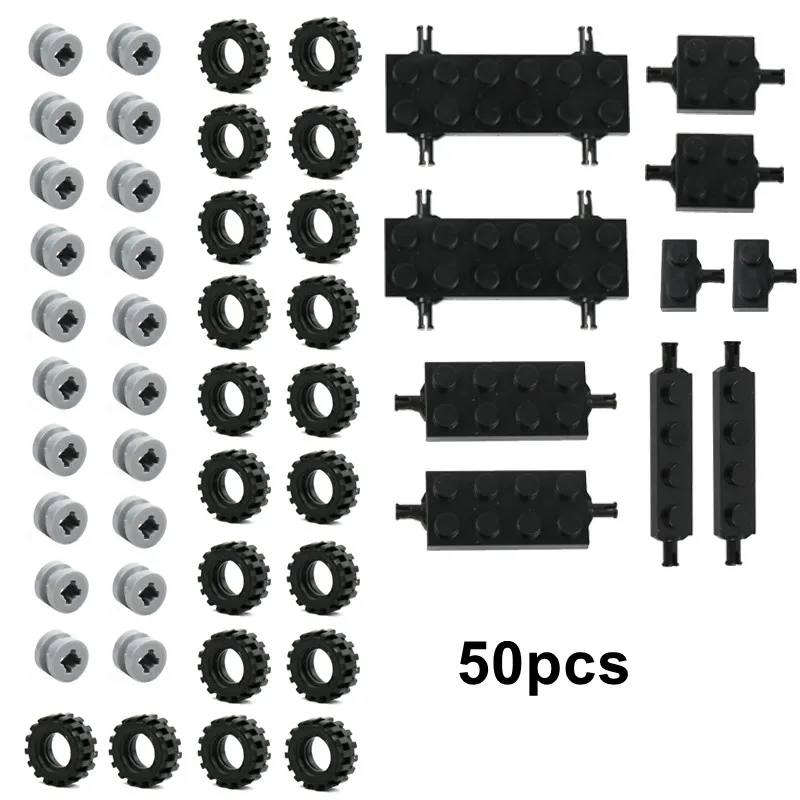 50 58PCS Mini Cars Wheel Axles Pack Tires 8 Models Building Blocks Parts MOC Enlighten Toys For Kids Assembly Small Bricks 2