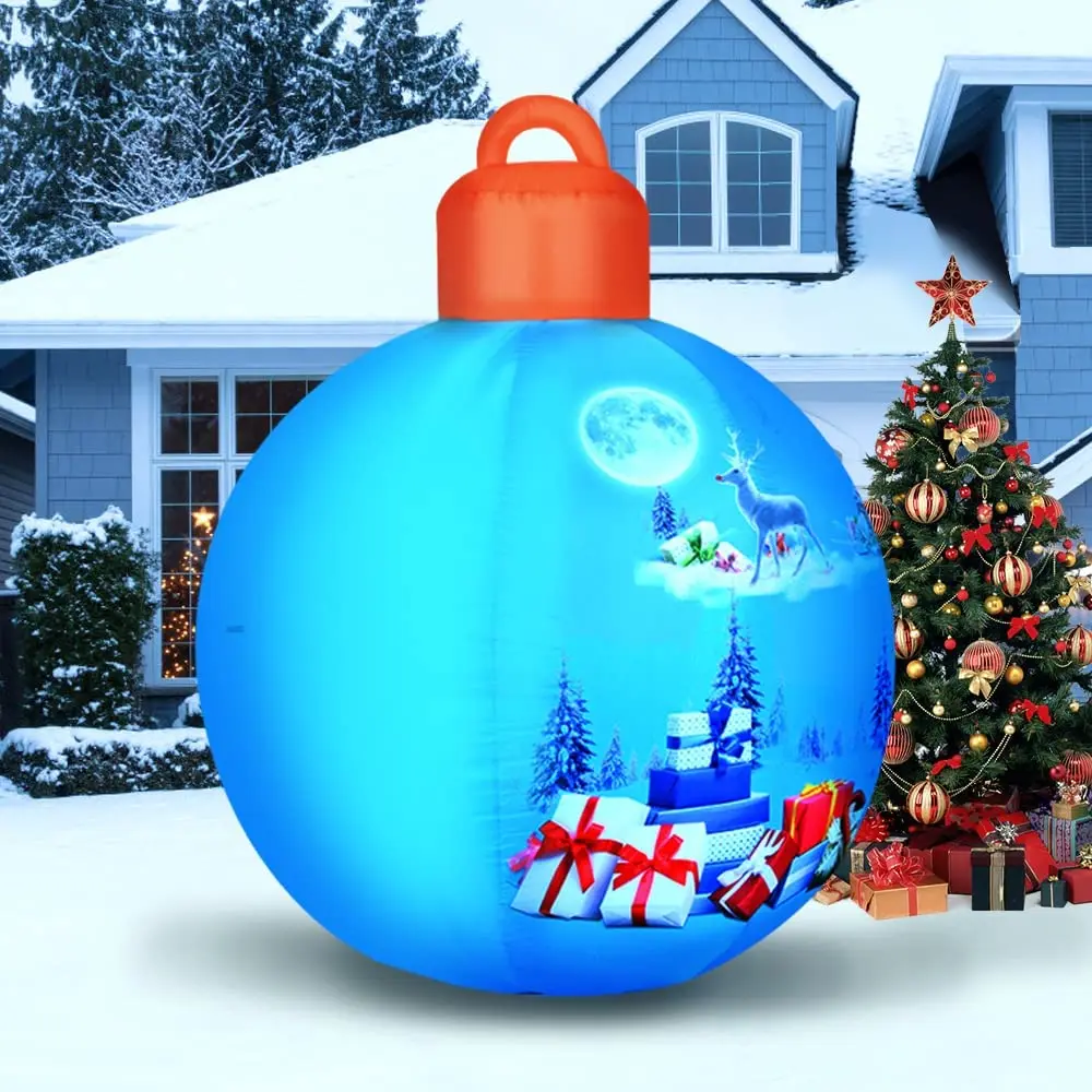 Christmas Inflatable Balls Decorations Blow Ups Christmas Ornament Blue Ball with Santa Gift Designed Pattern Indoor Outdoor Toy 5