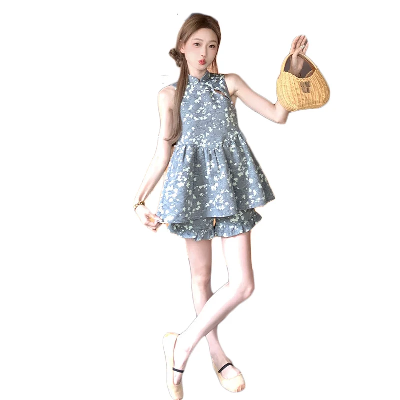 Summer Maternity Pants Sets Chinese Style Pregnant Woman Clothes Set Vintage Floral A-line Tops Shirts Belly Shorts Twinset