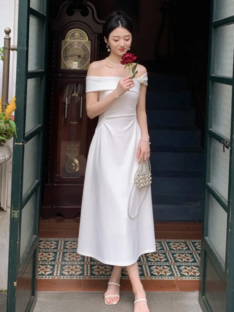 

Women Elegent White Party Prom Midi Dress Summer New French Female Sexy Fashion Slim Off Shoulder Pleated Clothes Vestidos