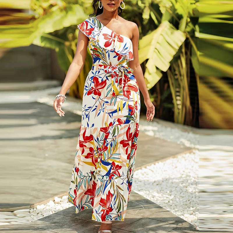

MISSJOY Woman Elegant Sleeveless Oblique collar Floral Print One-shoulder Ruffle Bohemian High-waist Lace-up Party Long Dress