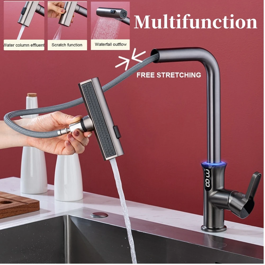 

Pulling Lifting Digital Display Faucet Waterfall Basin Sink Faucet Hot Cold Water Mixer Tap 1/2 inch Kitchen Bathroom Faucet