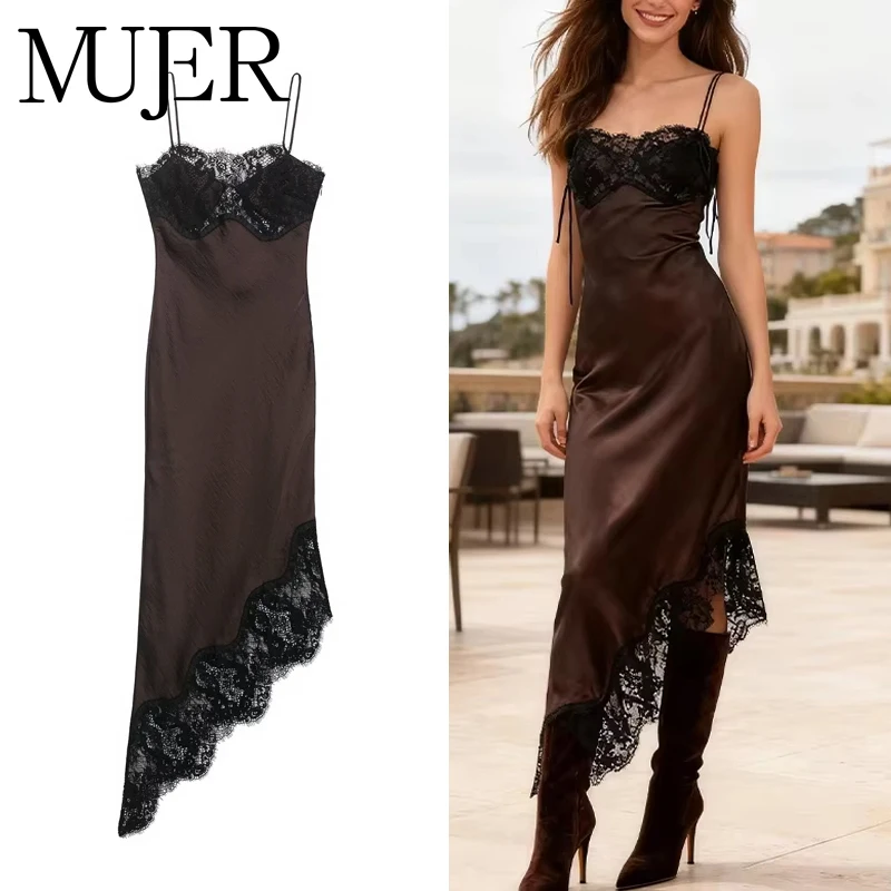 MUJER Spitzen-Slip-Midikleid für Damen, asymmetrisches Satin, Damenkleider, luxuriöse Abendkleider für Damen, sexy Nacht-Damenkleider