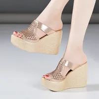 High quality wedge sandals for women 8cm 11cm high heel 2025 summer size 32 33 42 43 platform open toe fashion shoe black gold - Image 6