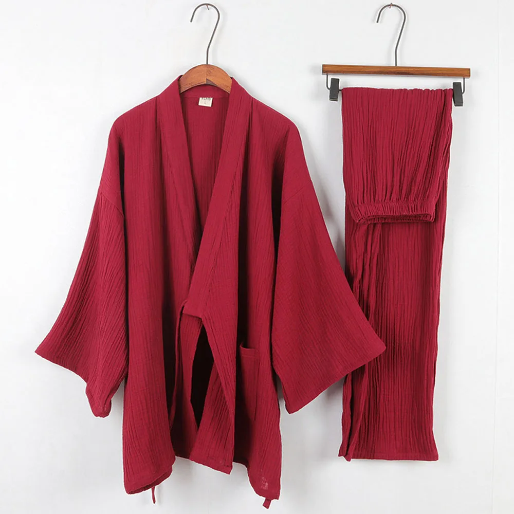 Cotton Japanese Kimono Pajamas Men Long-sleeve Trousers Casual Home Service Two-piece Suit Comfortable Sleepwear Plus Size Pajama Sets