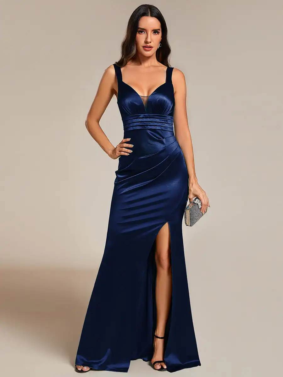 

Gorgeous Evening Dresses Maxi Long Deep V-Neck Ruched Satins Sleeveless 2024 BAZIIINGAAA of Navy Blue Bridesmaid Dress