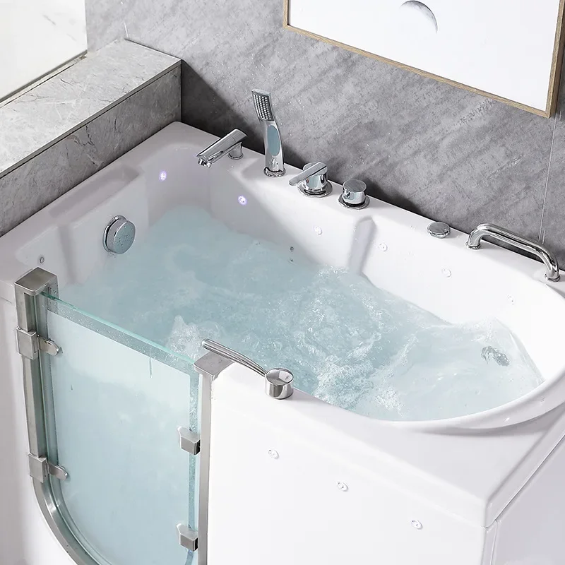 Elderly walk-in acrylic bathtub door opening cylinder square sitting bathtub side door bubble jacuzzi