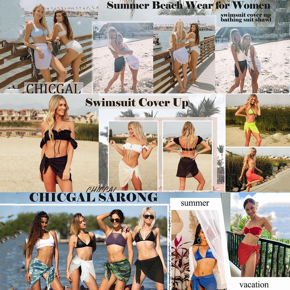 Women Summer Short Sarongs Swimsuit Coverups Beach Bikini Wrap Sheer Short Skirt Chiffon Scarf Cover Ups for Swimwear 6