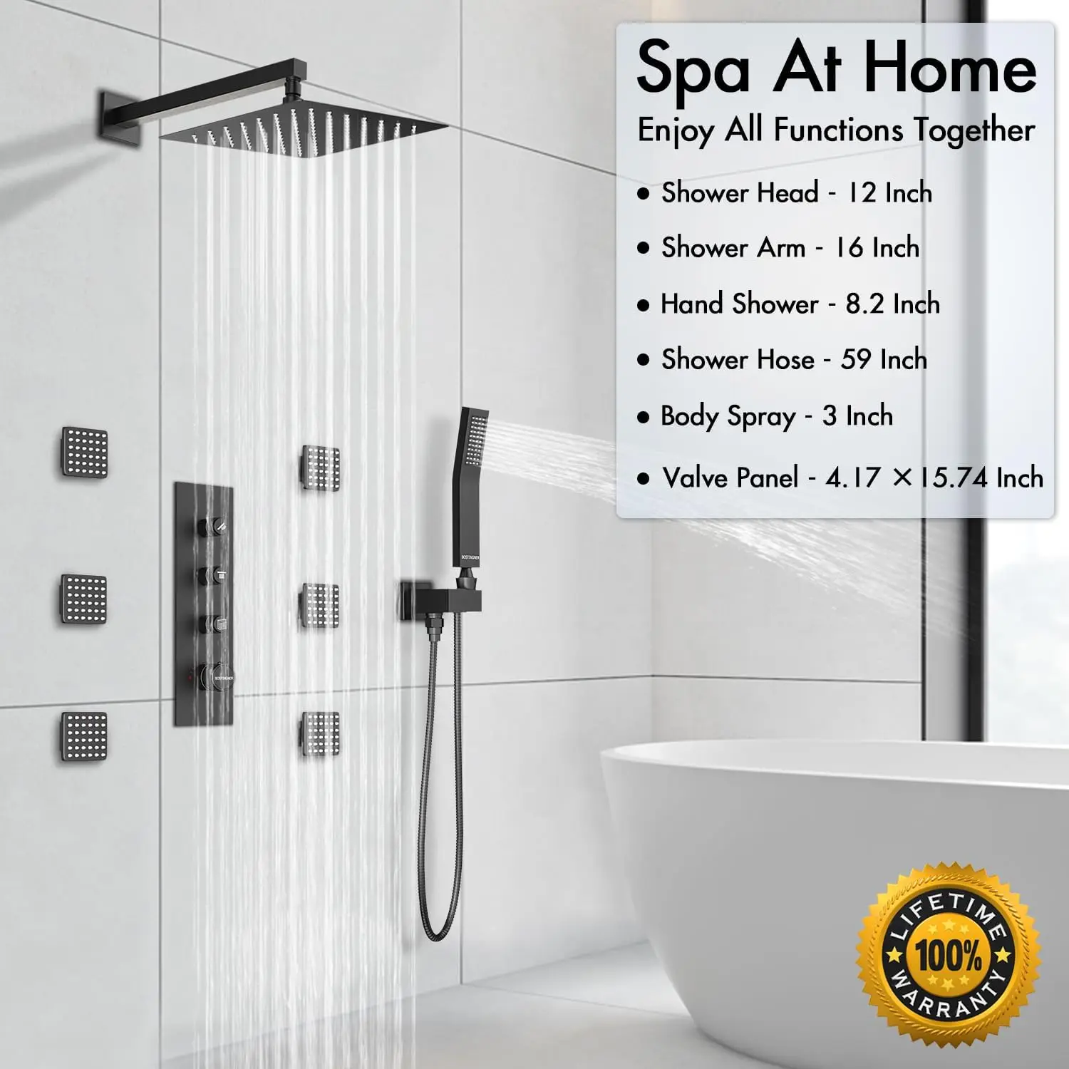 Shower System with Body Jets 12" Thermostatic Rainfall Shower System with 6 Body Spray Jets Full Spray