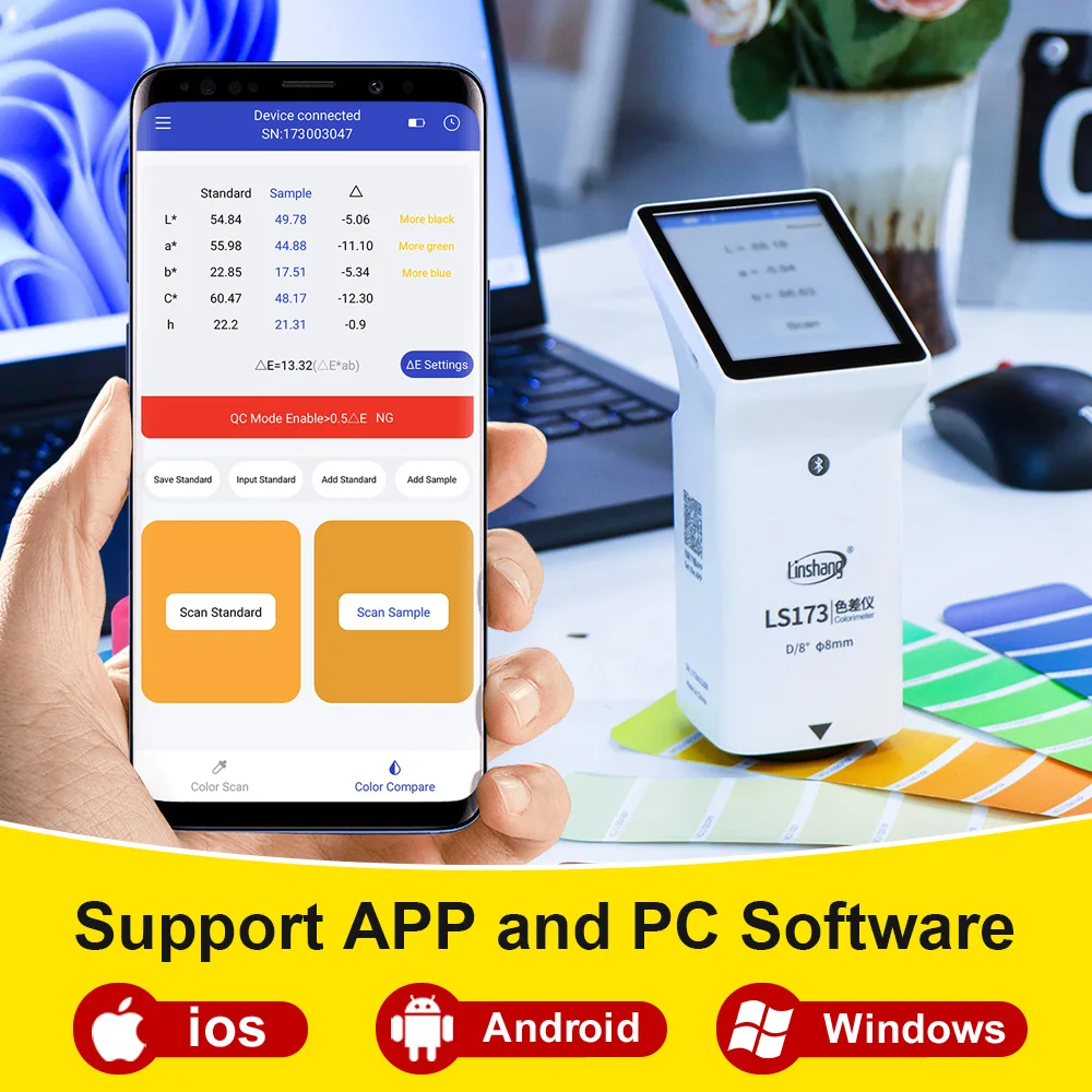 Portable Digital Colorimeter High Precision Handheld Color Meter for Measuring Paints Plastics Color Difference with D/8 LS173