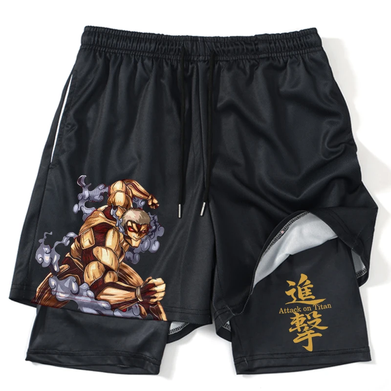 

2 In1 Gym Shorts to Fitness Attack on Titan Eren Manga Print Anime Shorts Men Women Summer Mesh Quick Dry Performance Shorts
